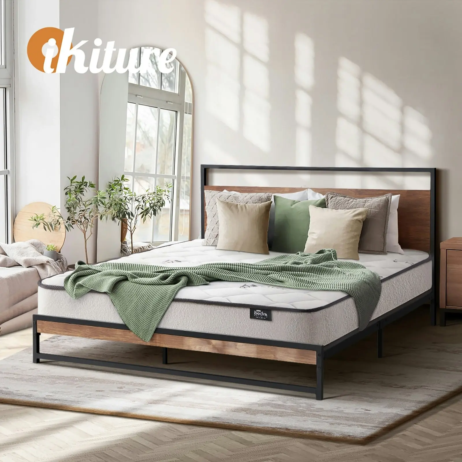 Oikiture Metal Bed Frame Double Size Beds Platform with Mattress