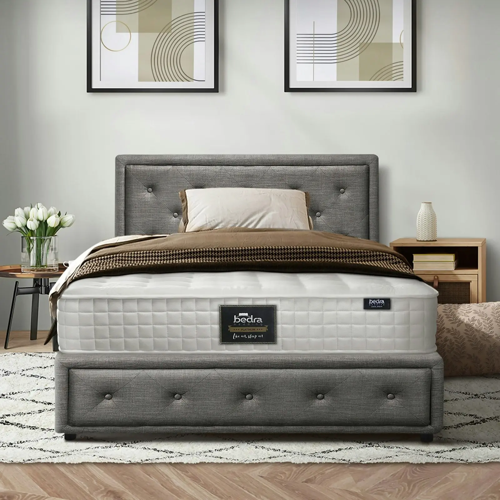 Oikiture Bed Frame King Single Gas Lift Storage Base With Mattress Set