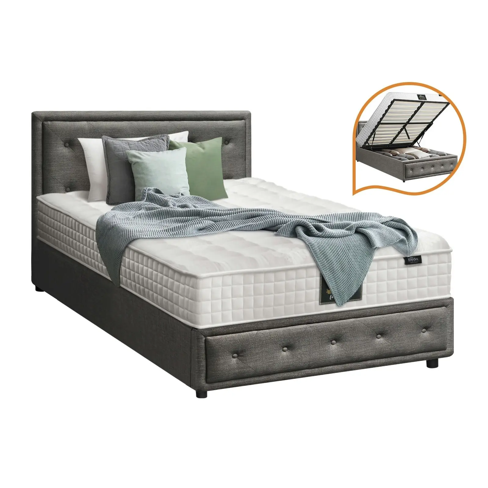 Oikiture Bed Frame King Single Gas Lift Storage Base With Mattress Set