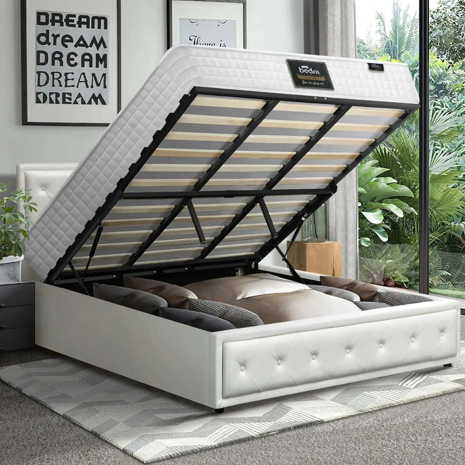 Oikiture Bed Frame King Size Gas Lift Storage Base With Mattress ENZO