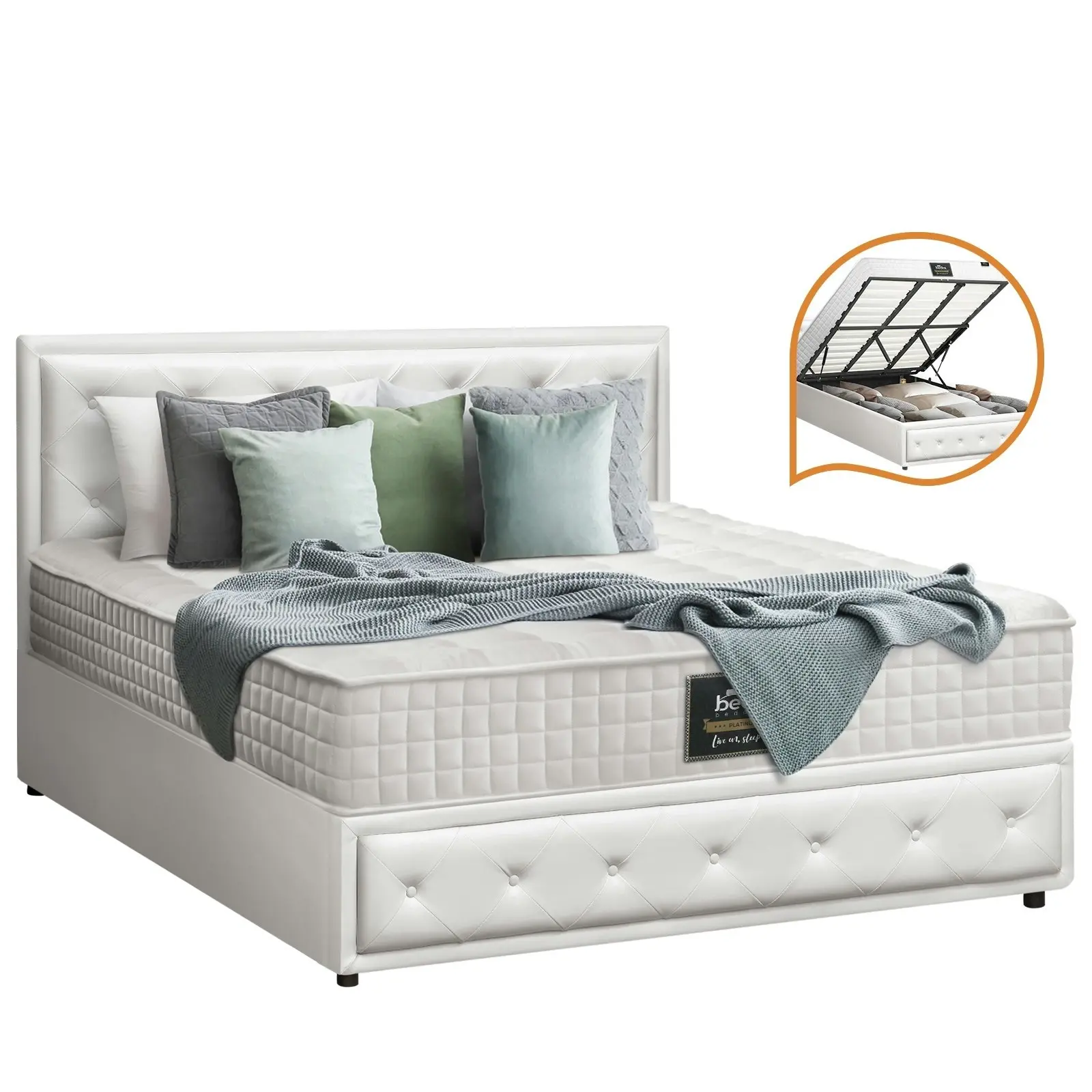 Oikiture Bed Frame King Size Gas Lift Storage Base With Mattress ENZO