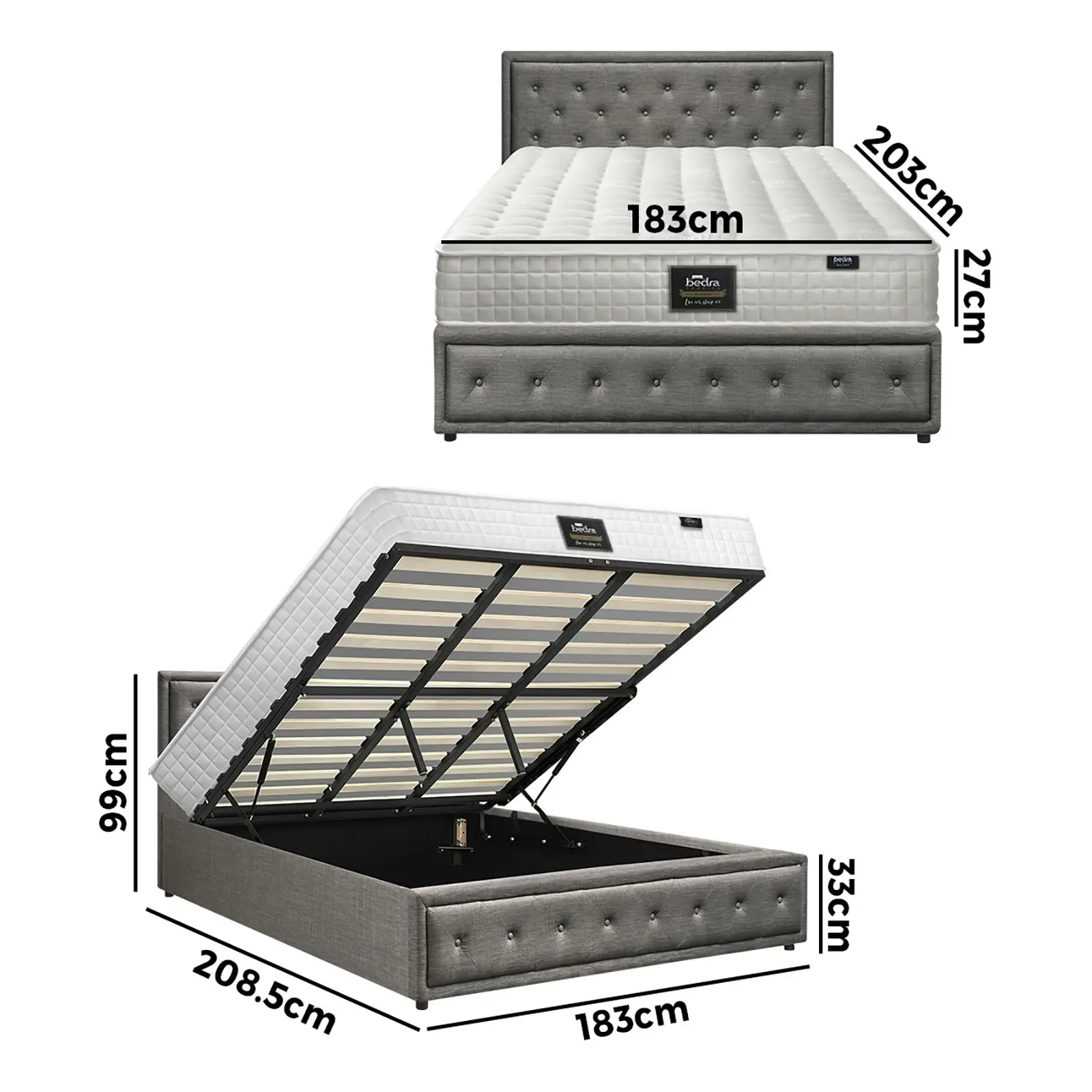 Oikiture Bed Frame King Size Gas Lift Storage Base With Mattress Set