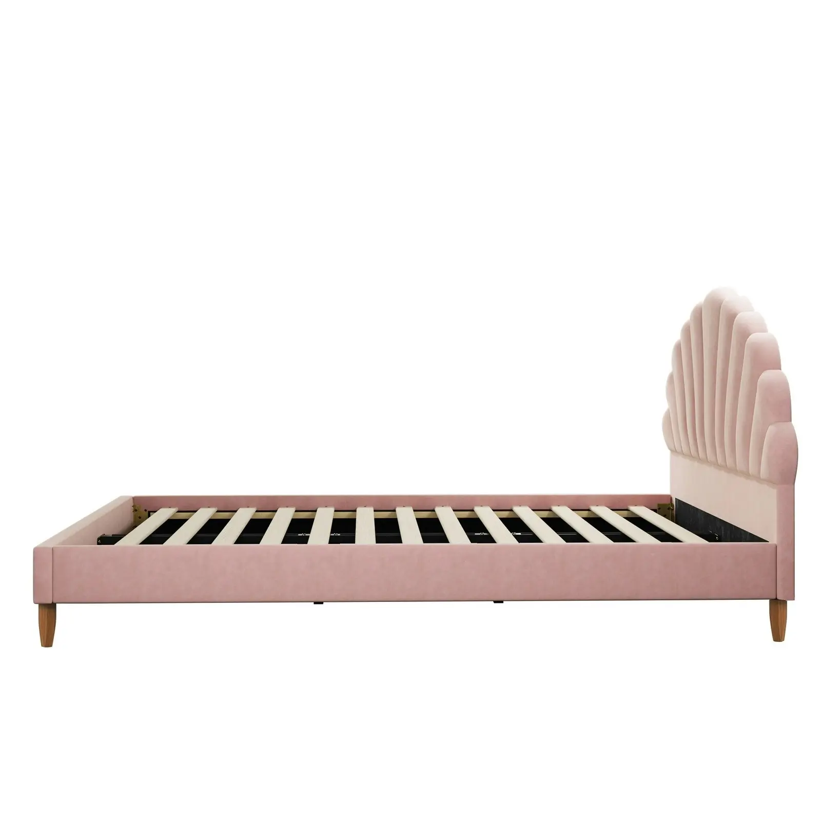 Oikiture Bed Frame Double Size Scallop-Shape Bedhead Pink Velvet