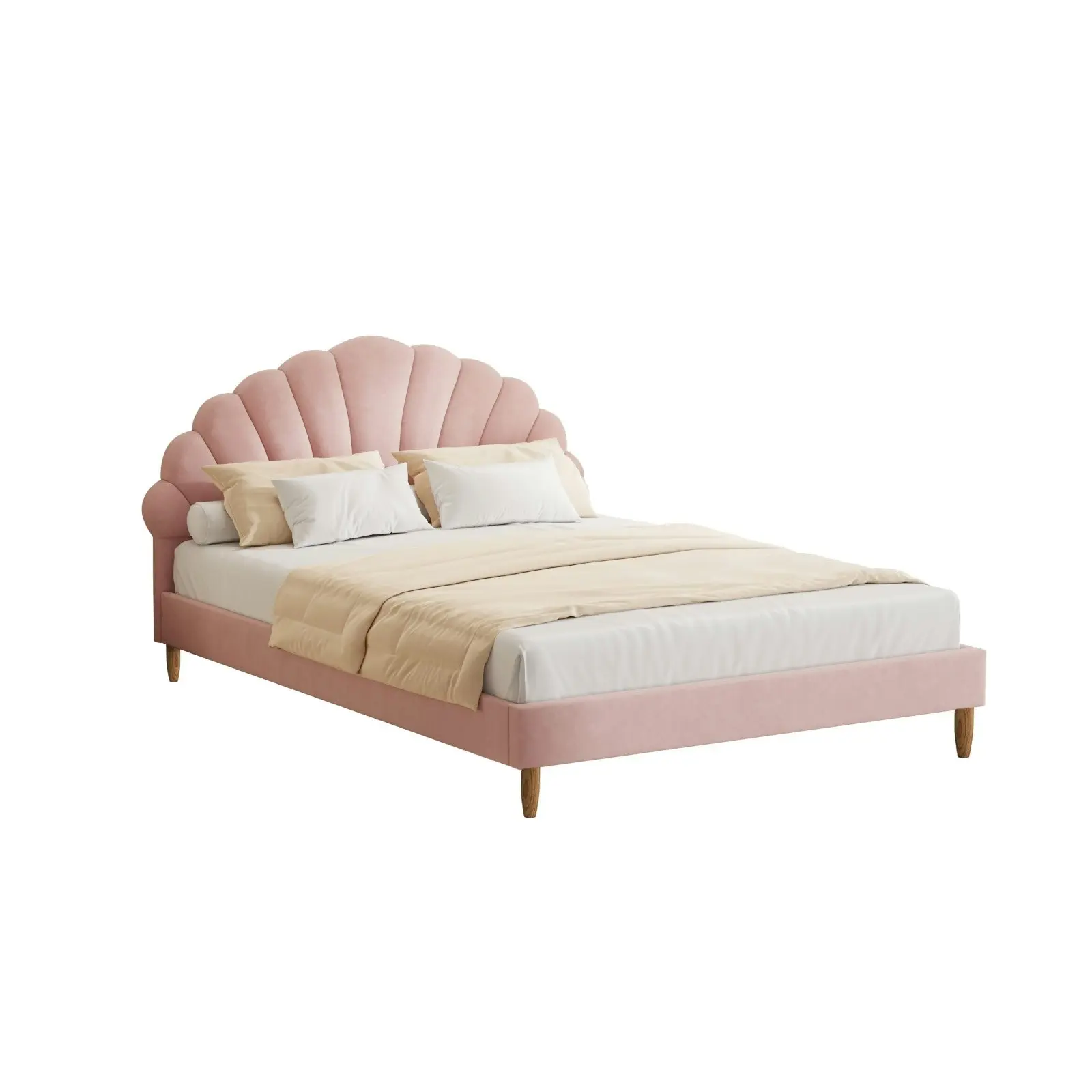 Oikiture Bed Frame Double Size Scallop-Shape Bedhead Pink Velvet