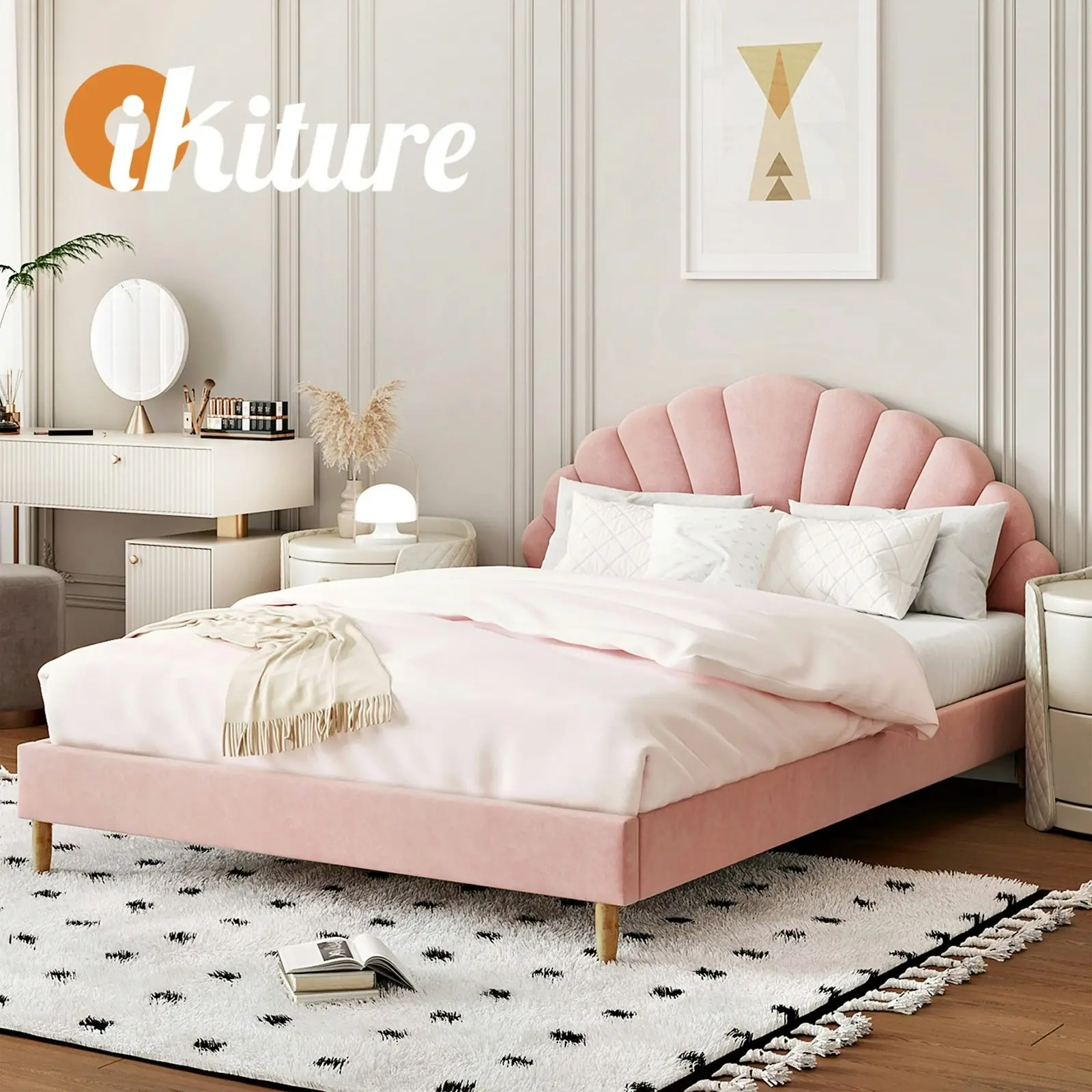 Oikiture Bed Frame Double Size Scallop-Shape Bedhead Pink Velvet