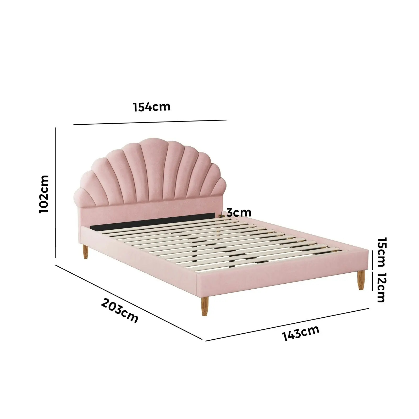 Oikiture Bed Frame Double Size Scallop-Shape Bedhead Pink Velvet