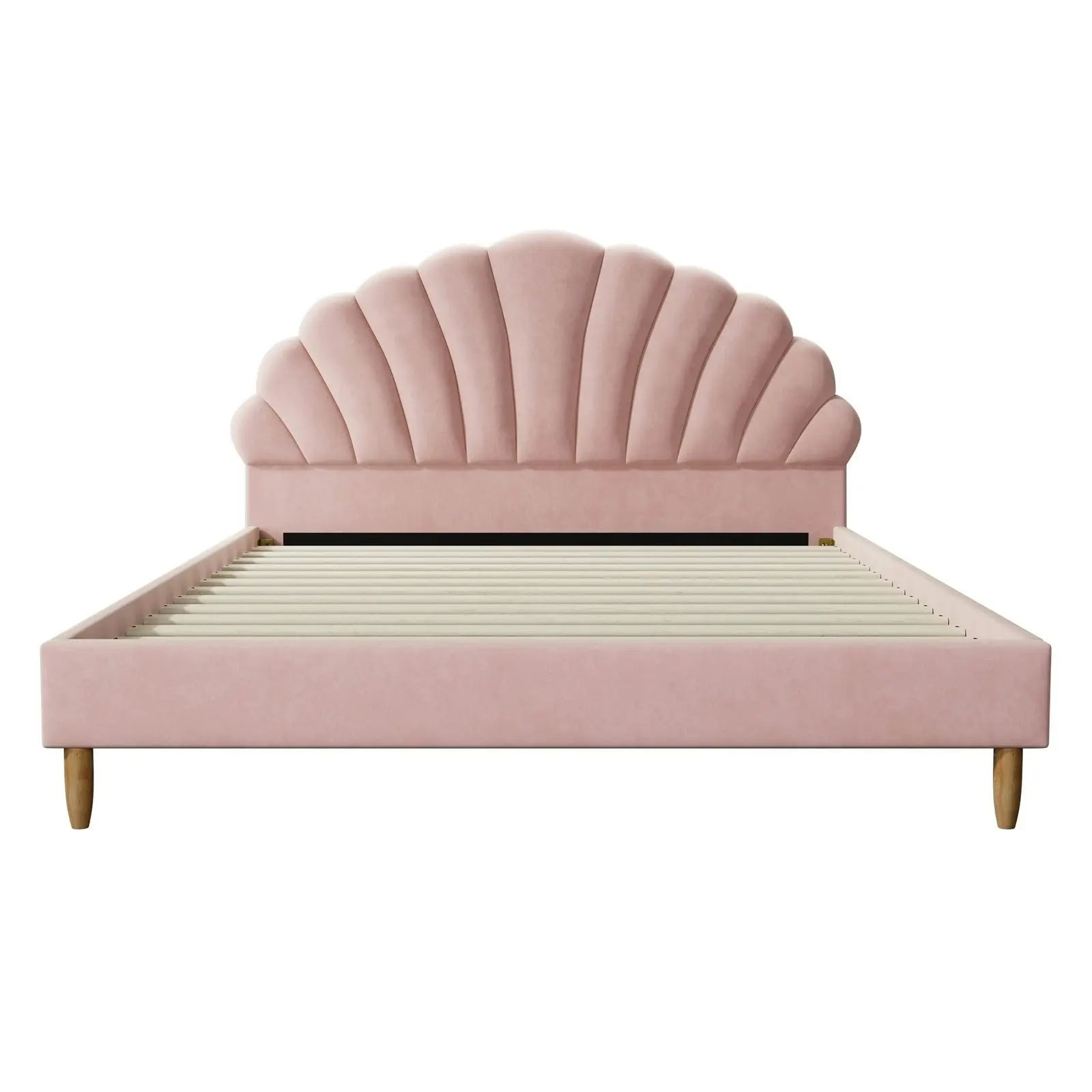 Oikiture Bed Frame Double Size Scallop-Shape Bedhead Pink Velvet