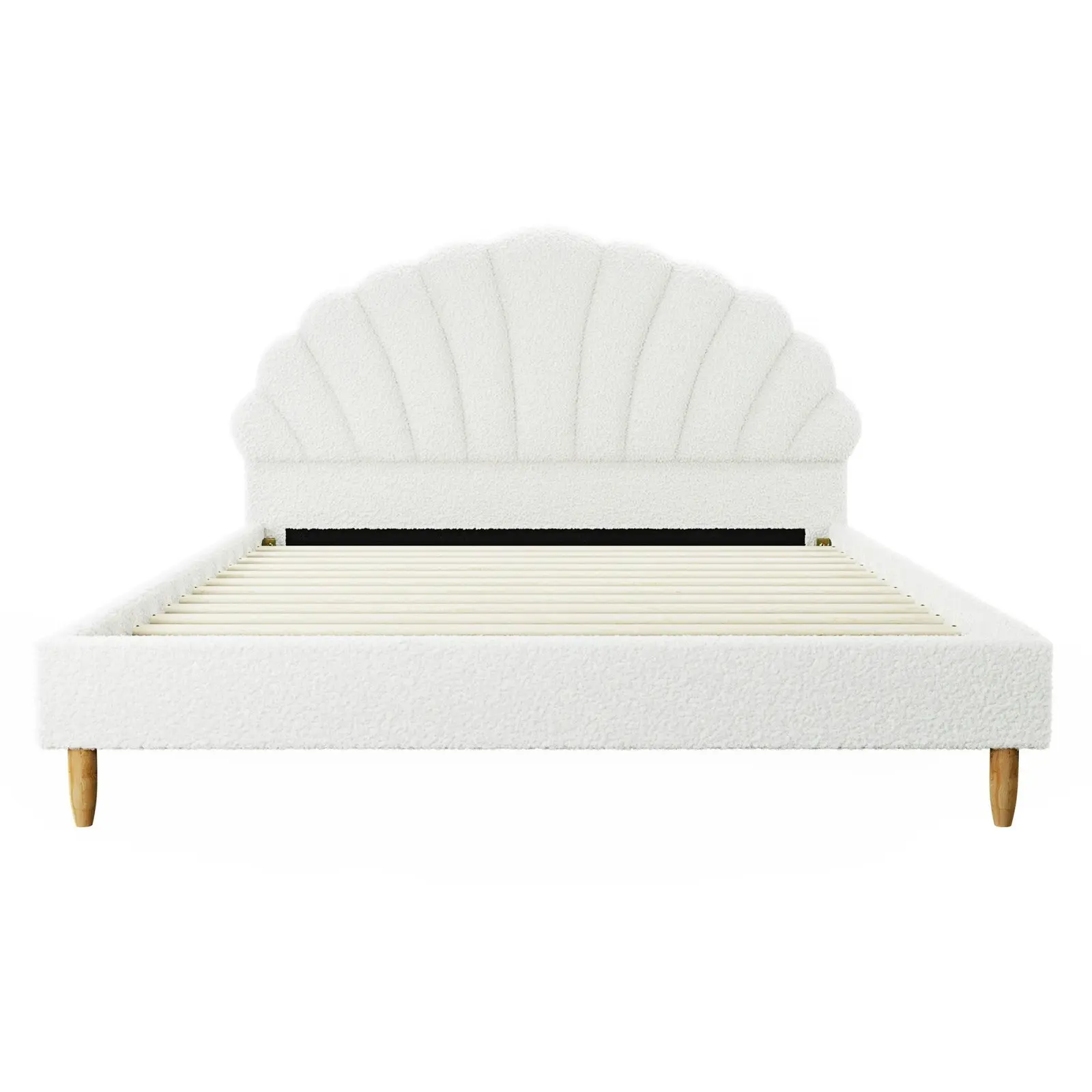 Oikiture Bed Frame Double Size Scallop-Shape Bedhead White Boucle