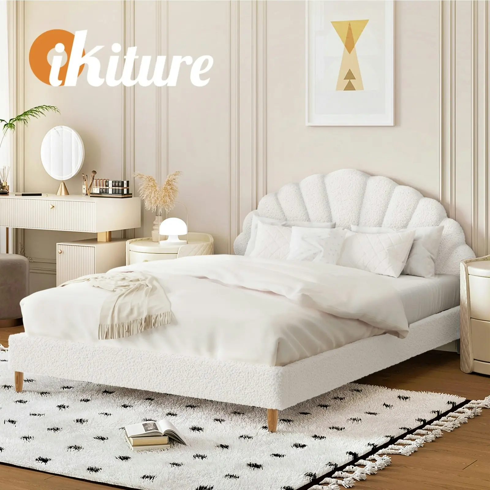 Oikiture Bed Frame Double Size Scallop-Shape Bedhead White Boucle