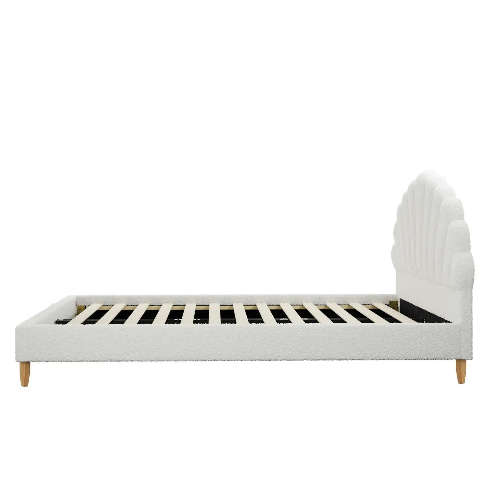 Oikiture Bed Frame Double Size Scallop-Shape Bedhead White Boucle