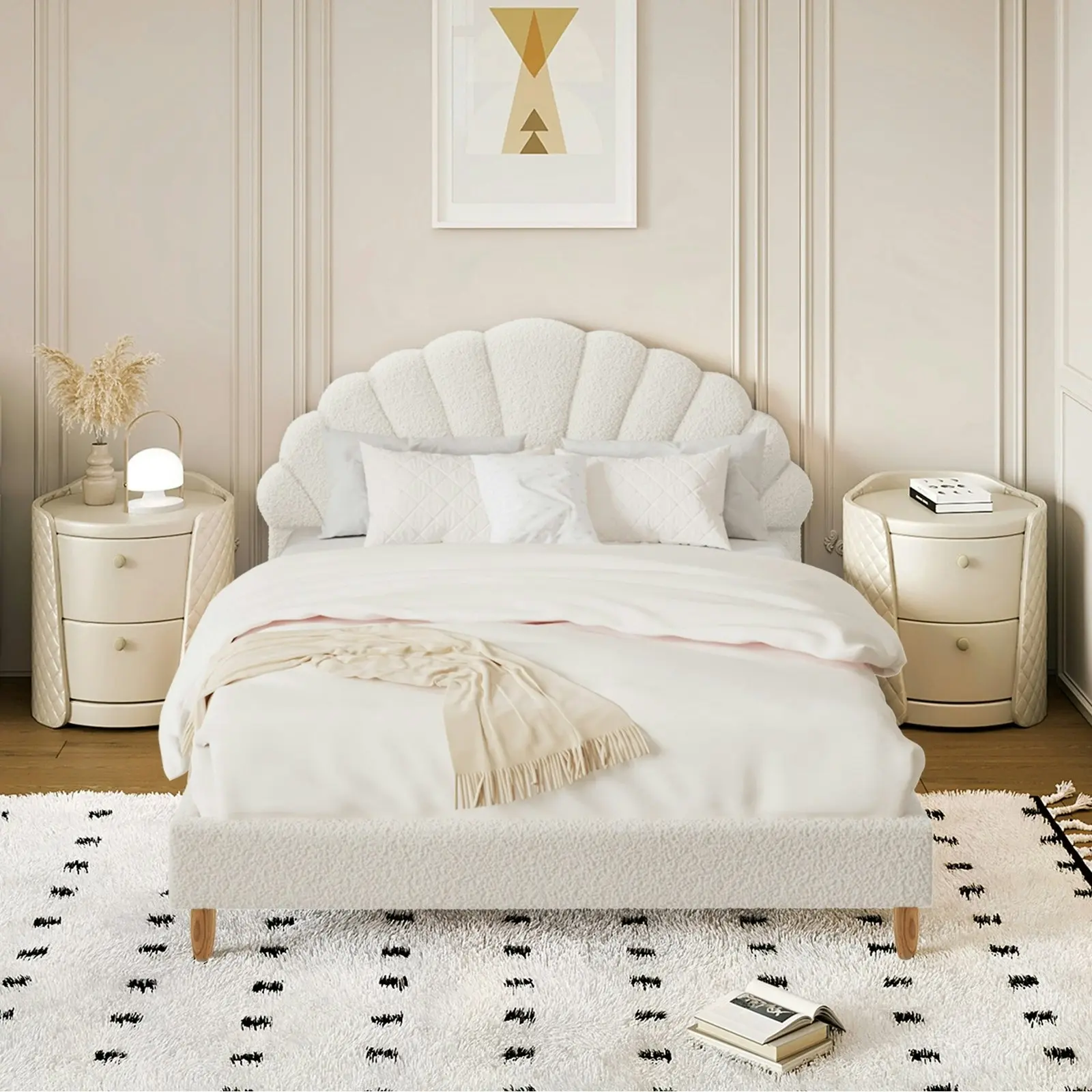 Oikiture Bed Frame Double Size Scallop-Shape Bedhead White Boucle