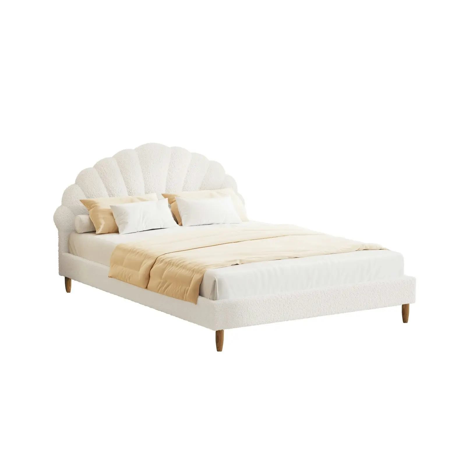 Oikiture Bed Frame Double Size Scallop-Shape Bedhead White Boucle