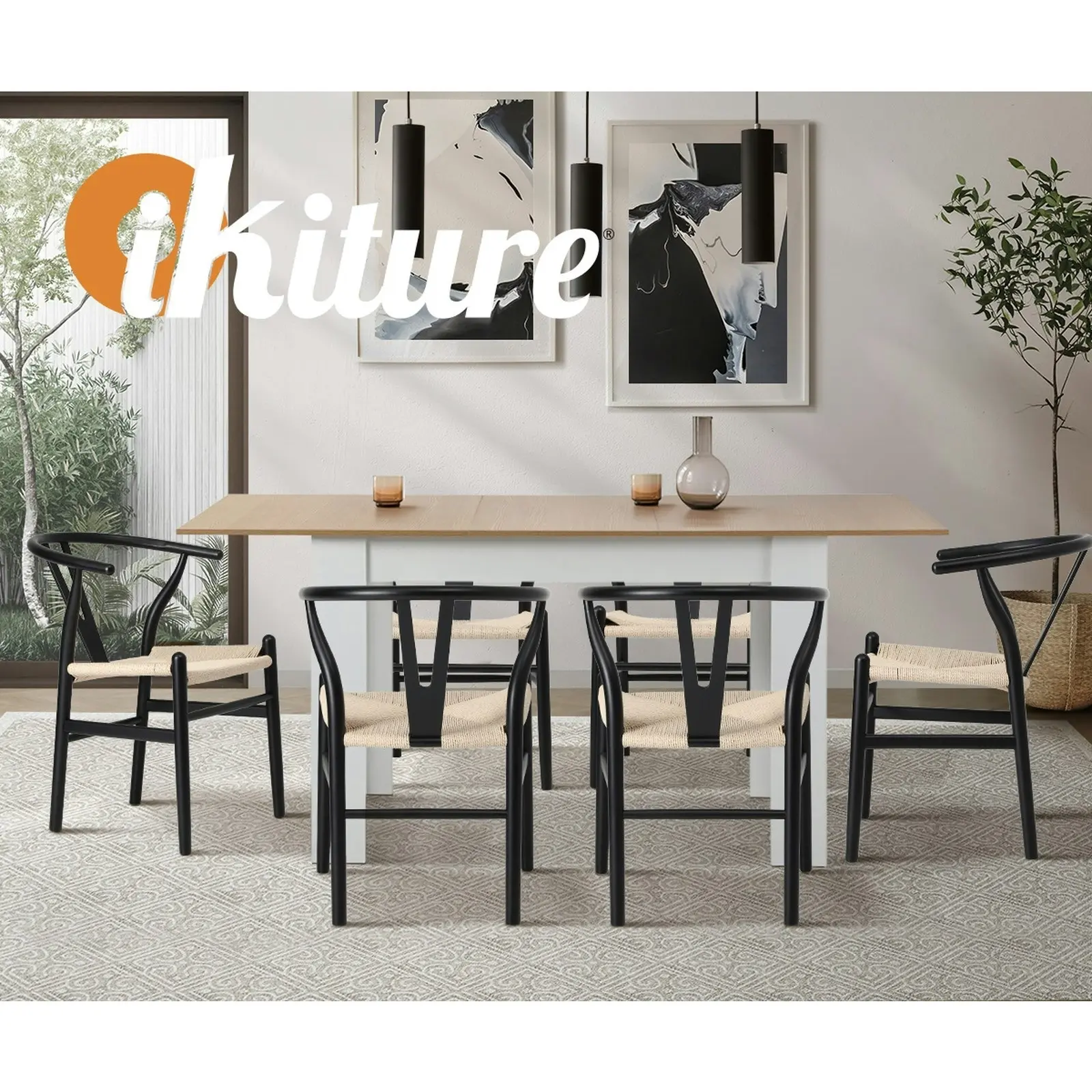 Oikiture Dining Chair Wooden Hans Wegner Chair Wishbone Cafe Lounge Seat Black