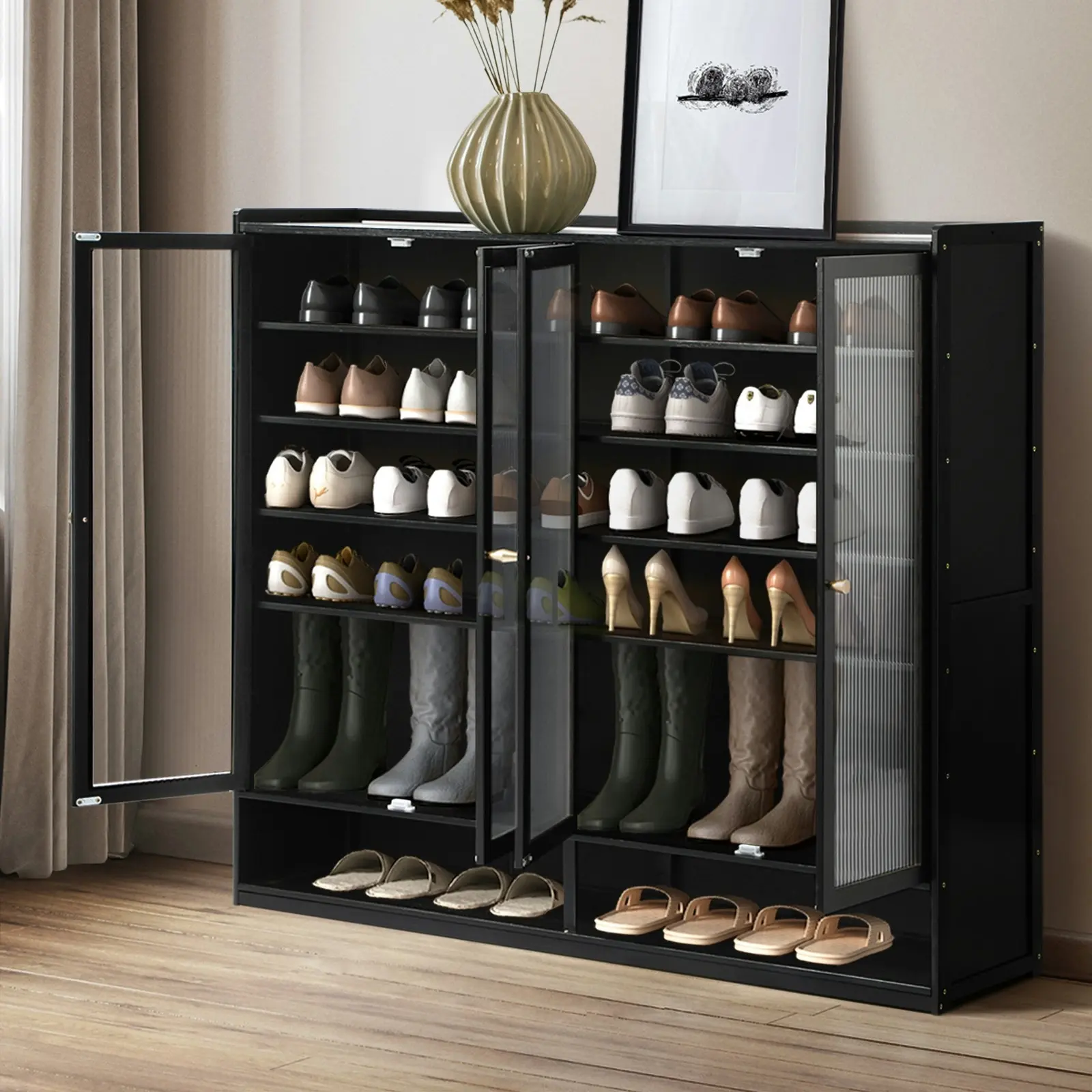 Oikiture Shoe Cabinet Shoes Storage Rack Organiser 4 Doors Shelf Black