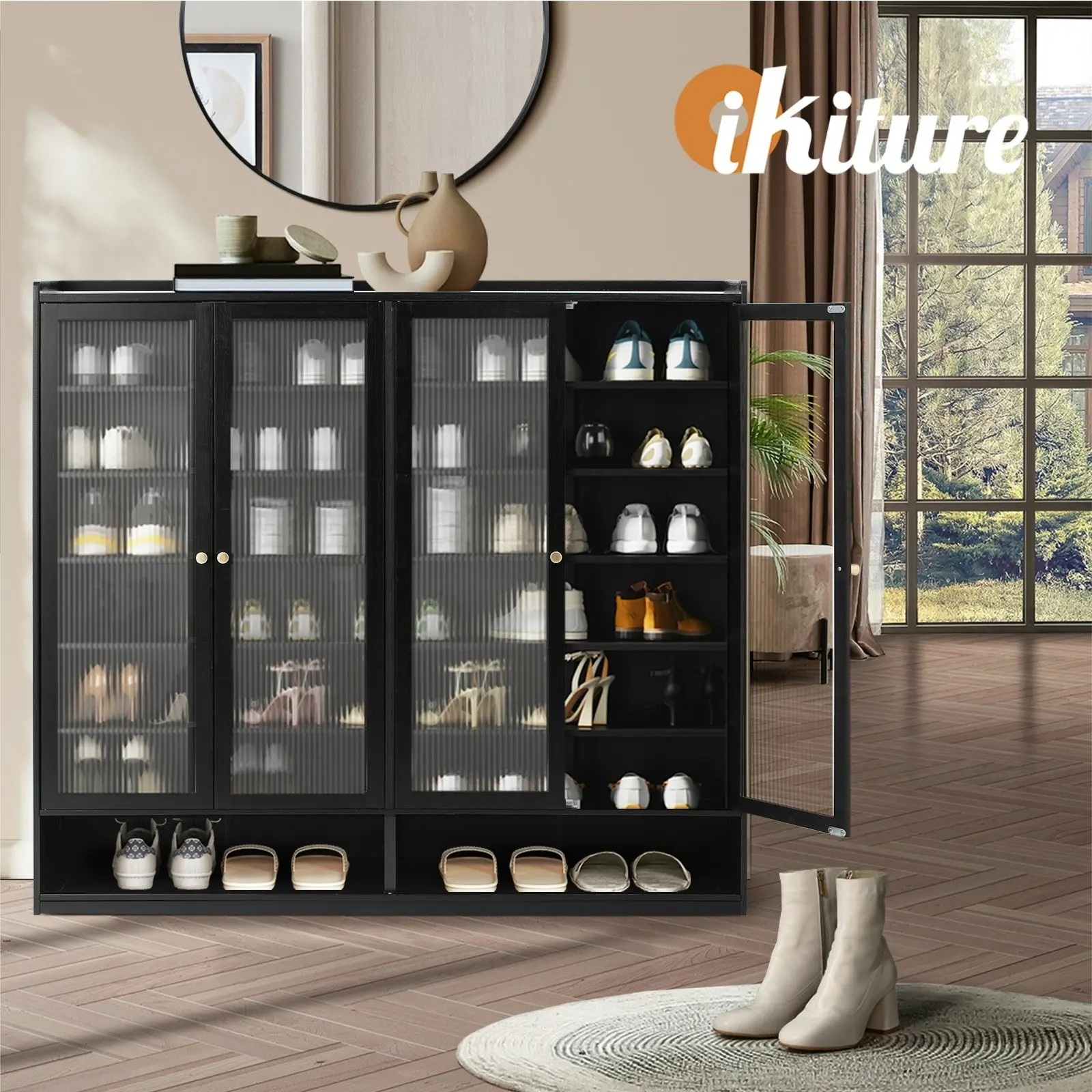 Oikiture Shoe Cabinet Shoes Storage Rack Organiser 4 Doors Shelf Black