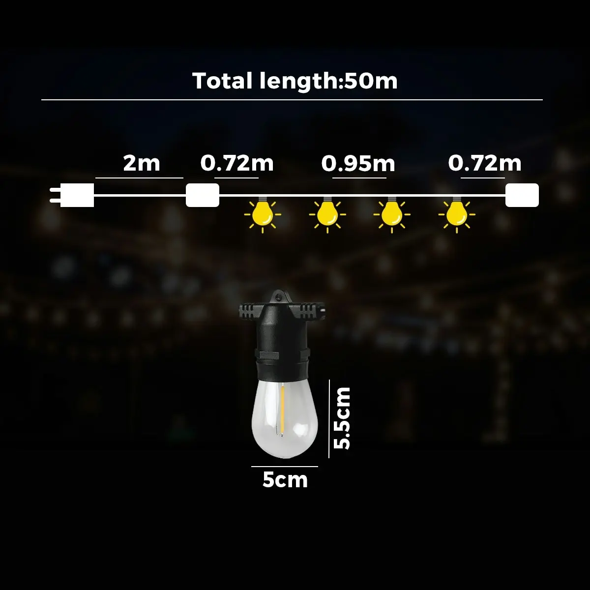 Mazam 50M LED Festoon String Lights Christmas Wedding Party Outdoor Waterproof