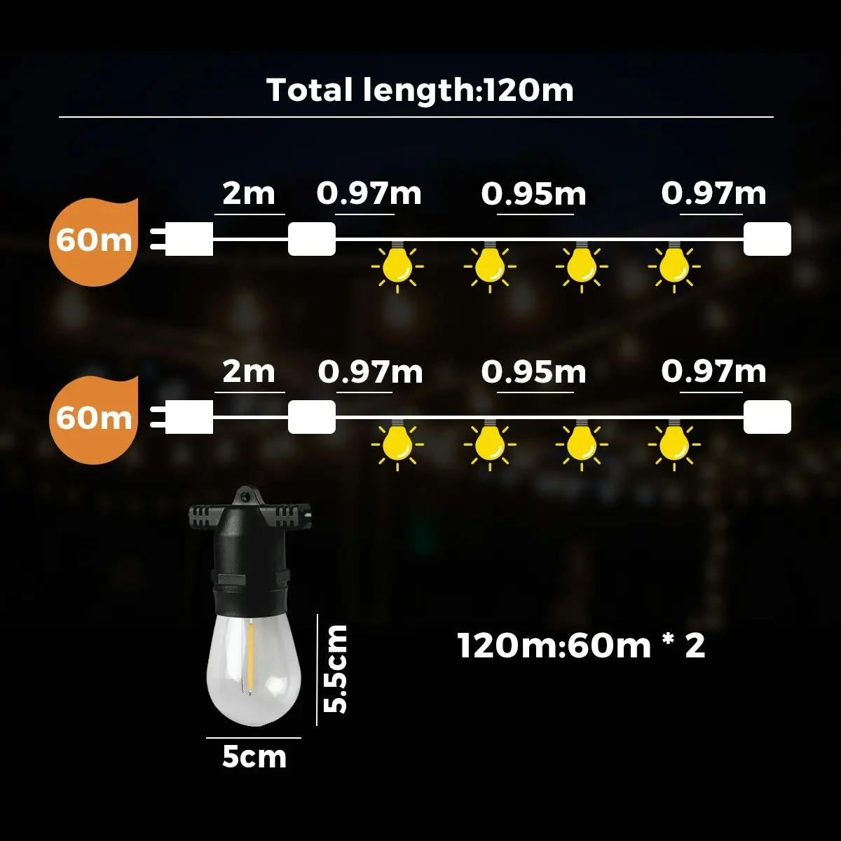 Mazam 120M LED Festoon String Lights Christmas Wedding Party Outdoor Waterproof