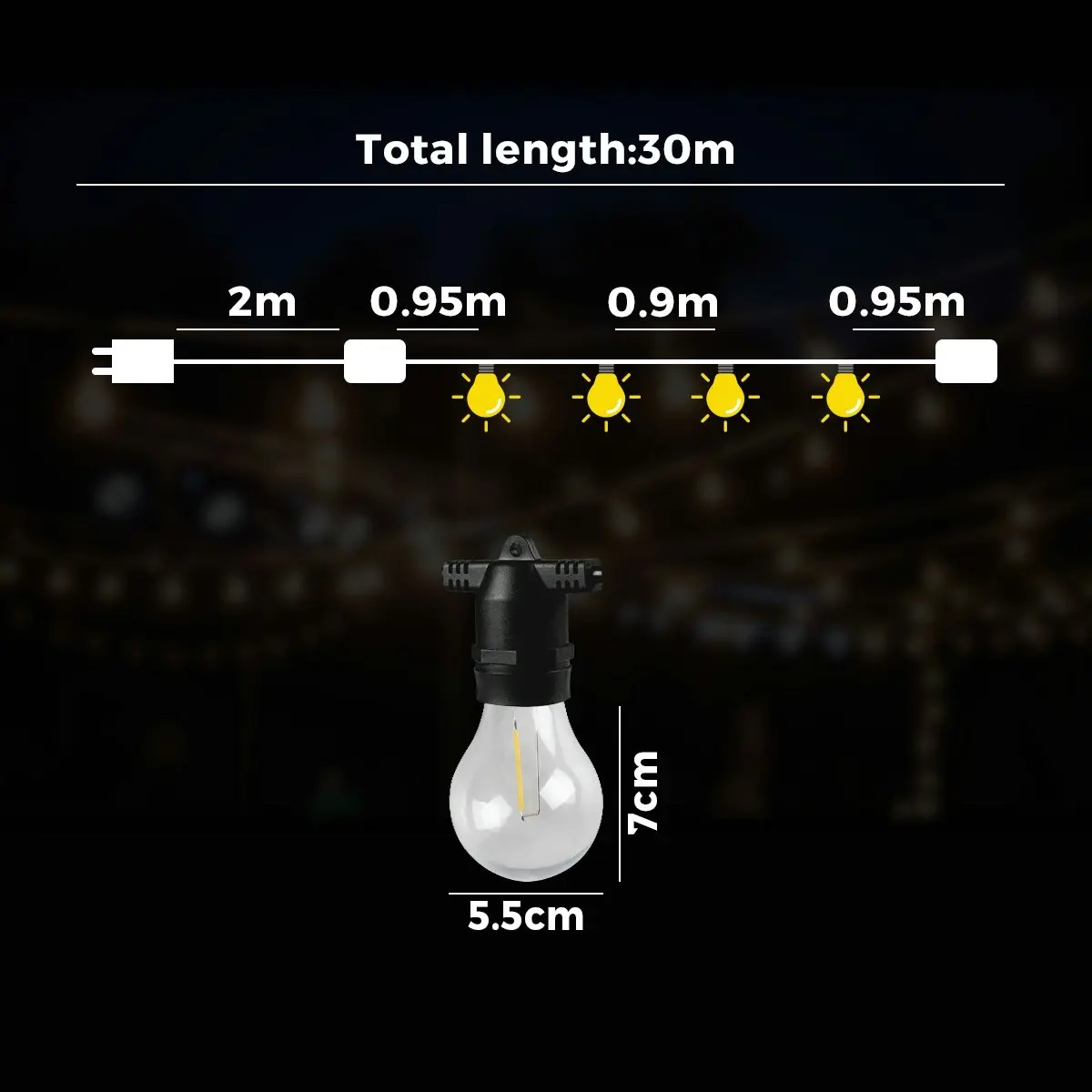 Mazam 30M Festoon String Lights LED Christmas Waterproof Wedding Party Outdoor