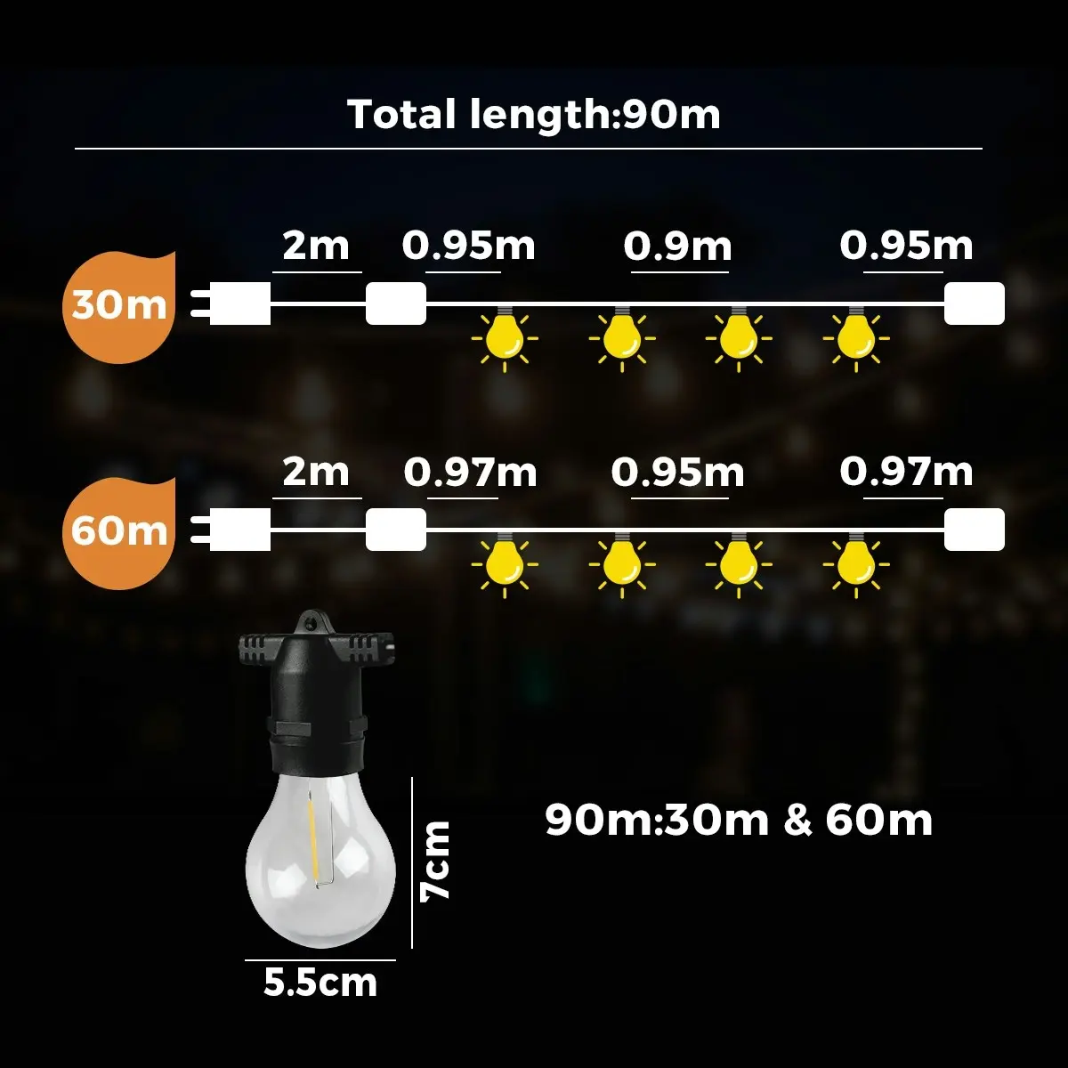 Mazam 90M Festoon String Lights LED Christmas Waterproof Wedding Party Outdoor