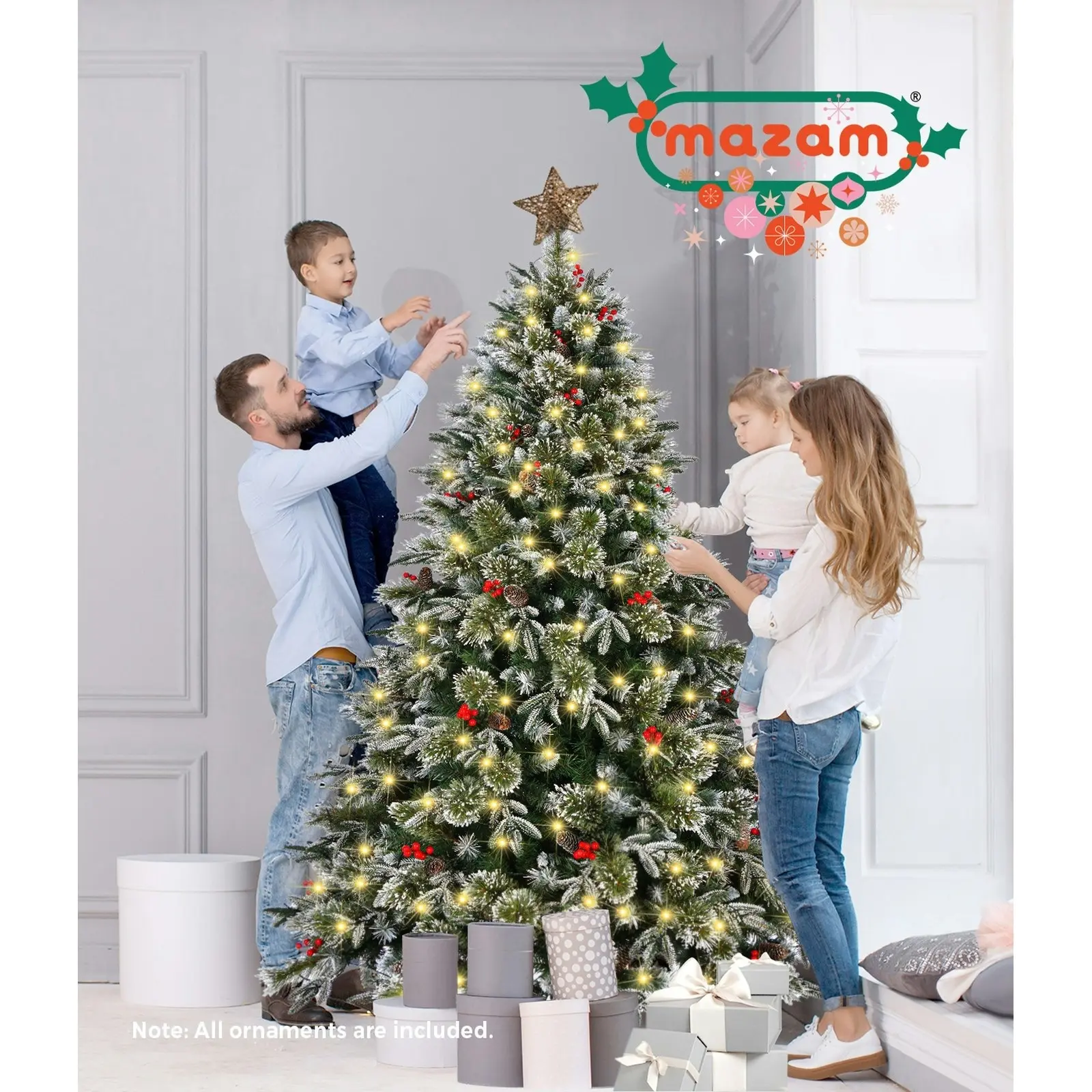 Mazam LED Christmas Tree 2.1M 7FT Xmas Trees Decorations w/ Ornaments 1210 Tips