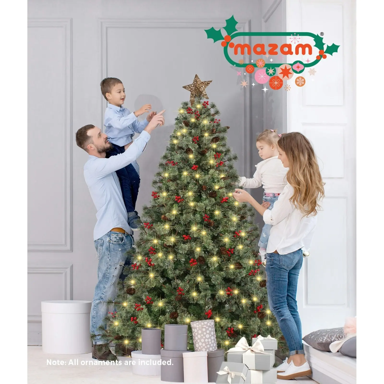 Mazam LED Christmas Tree 1.8M 6FT Xmas Trees Decorations with Ornaments Green