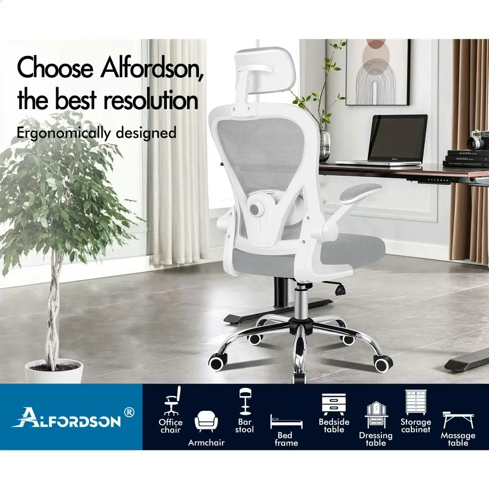 Alfordson Mesh Office Chair Executive Fabric White Grey