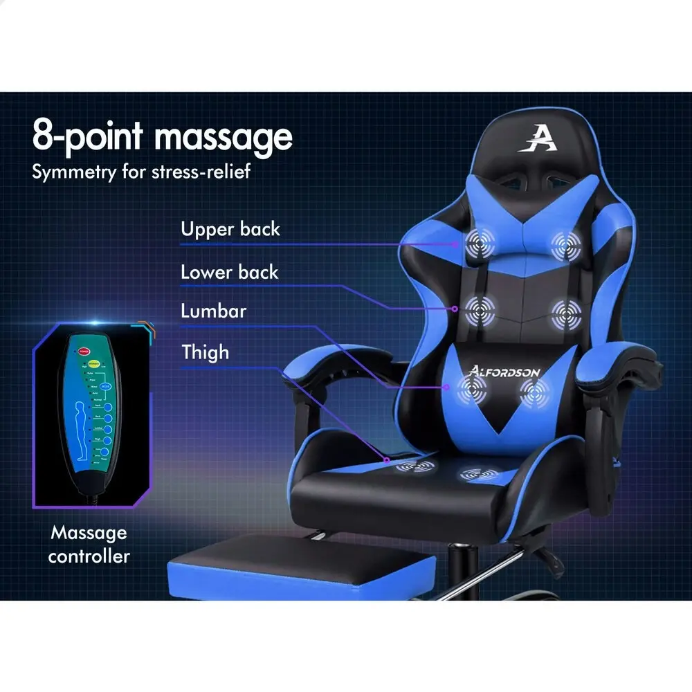 Alfordson Gaming Chair Office Massage Computer Racing Seat PU Leather Blue