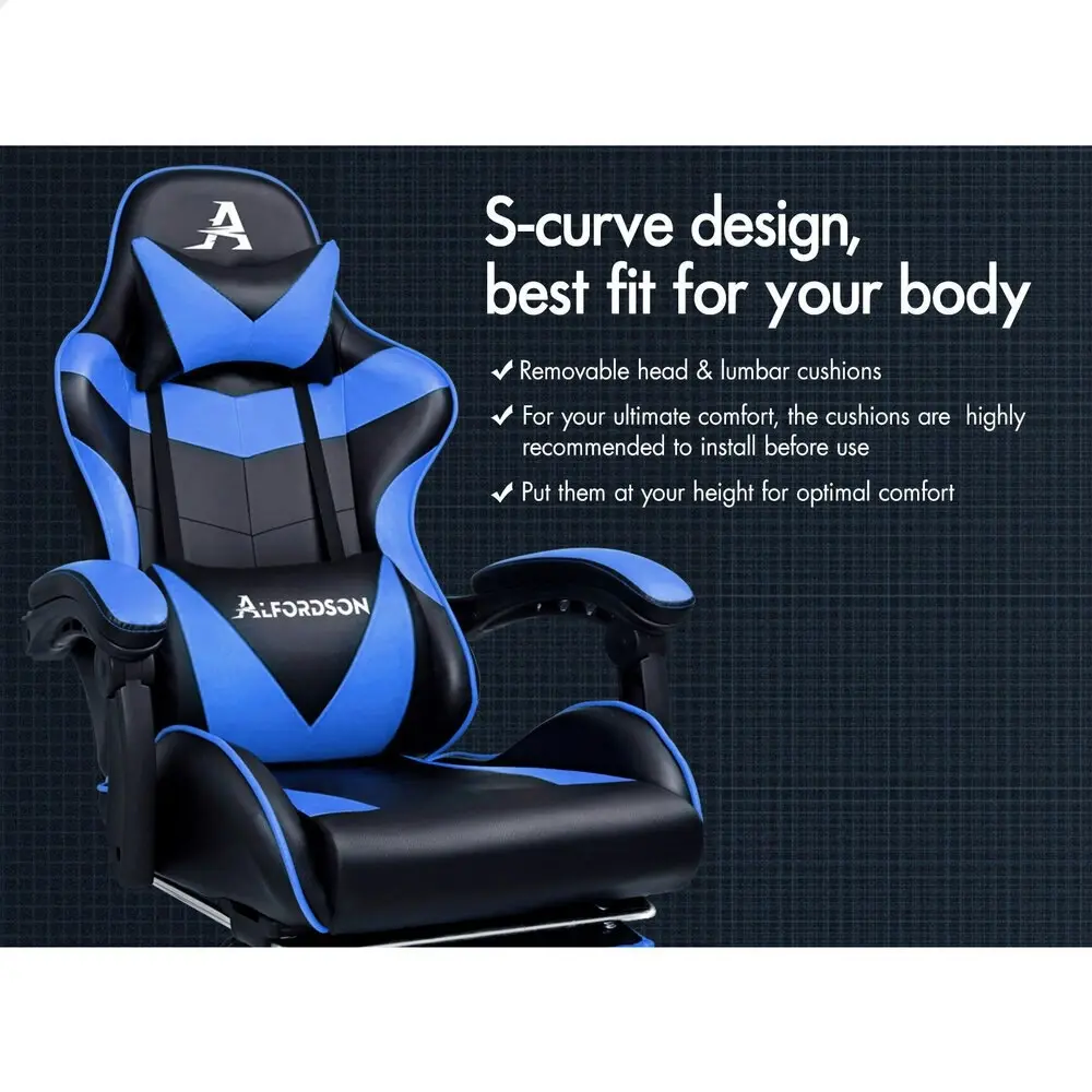 Alfordson Gaming Chair Office Massage Computer Racing Seat PU Leather Blue