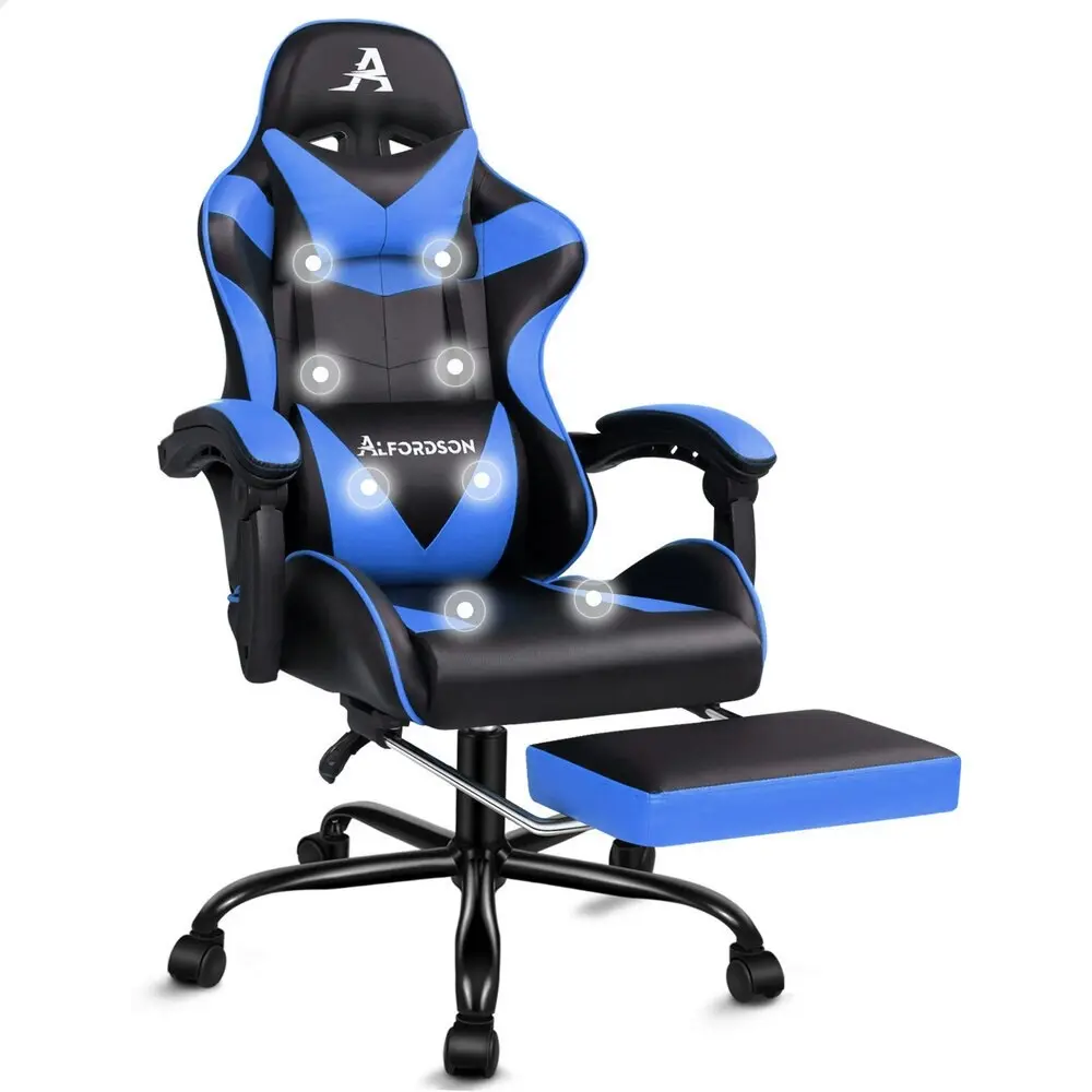 Alfordson Gaming Chair Office Massage Computer Racing Seat PU Leather Blue