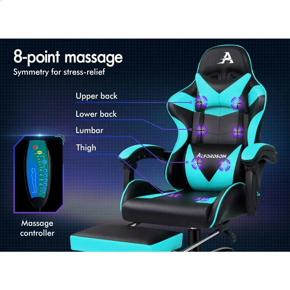 Alfordson Gaming Chair Office Massage Computer Racing Seat PU Leather Cyan