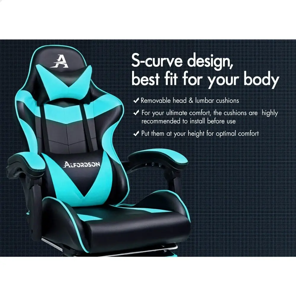 Alfordson Gaming Chair Office Massage Computer Racing Seat PU Leather Cyan