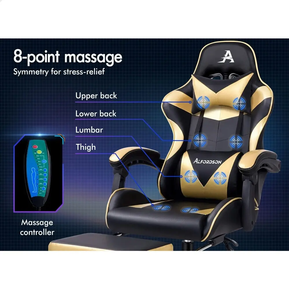 Alfordson Gaming Chair Office Massage Computer Racing Seat PU Leather Gold