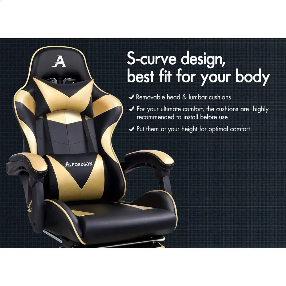 Alfordson Gaming Chair Office Massage Computer Racing Seat PU Leather Gold