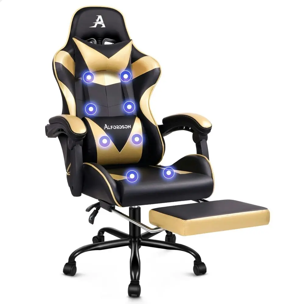 Alfordson Gaming Chair Office Massage Computer Racing Seat PU Leather Gold