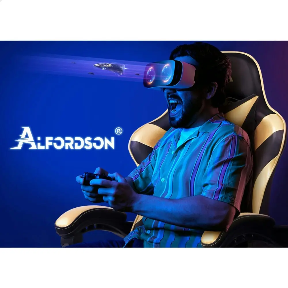 Alfordson Gaming Chair Office Massage Computer Racing Seat PU Leather Gold