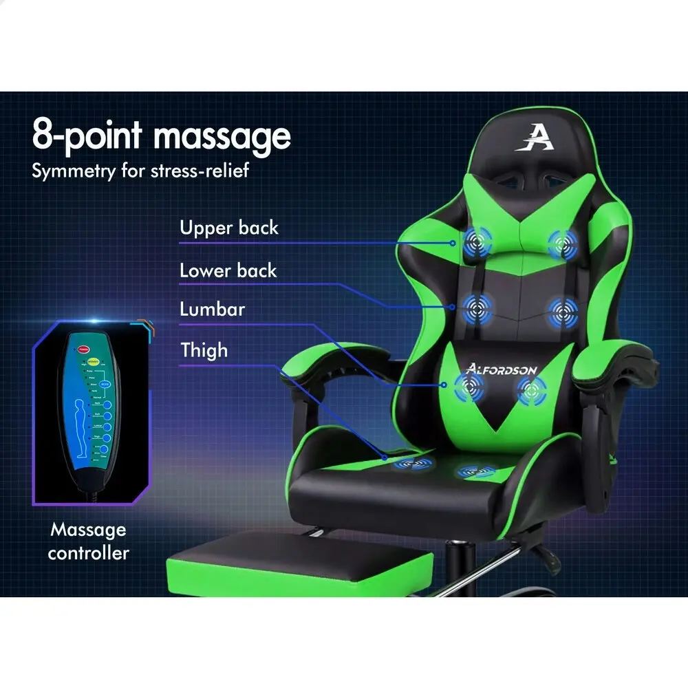 Alfordson Gaming Chair Office Massage Computer Racing Seat PU Leather Green