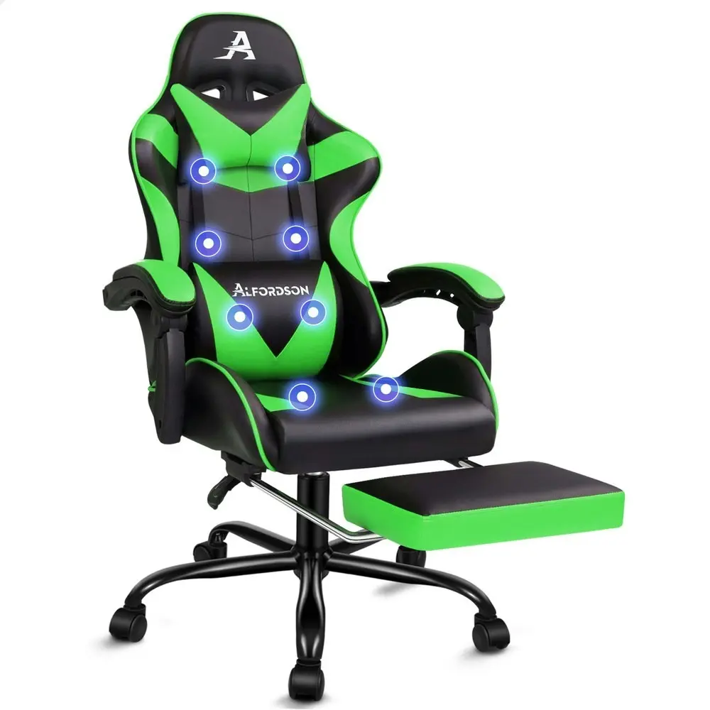 Alfordson Gaming Chair Office Massage Computer Racing Seat PU Leather Green