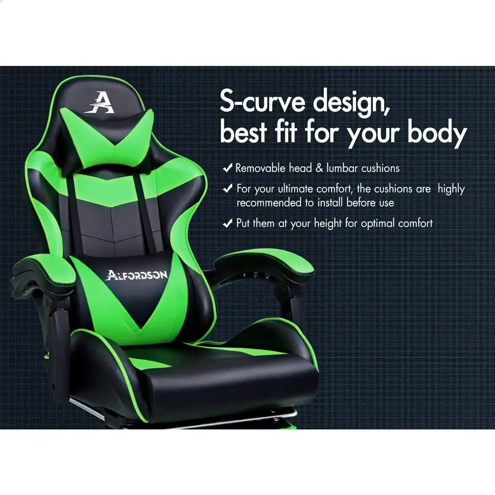 Alfordson Gaming Chair Office Massage Computer Racing Seat PU Leather Green