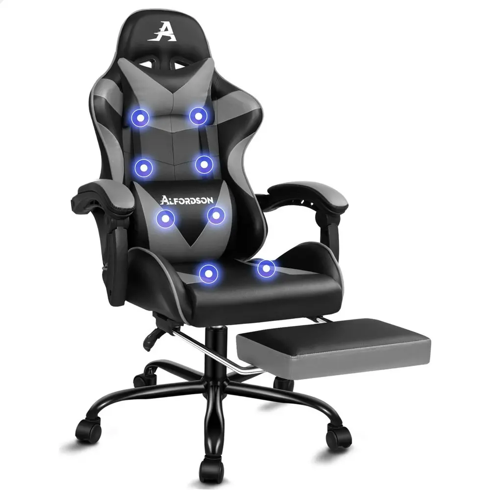 Alfordson Gaming Chair Office Massage Computer Racing Seat PU Leather Grey