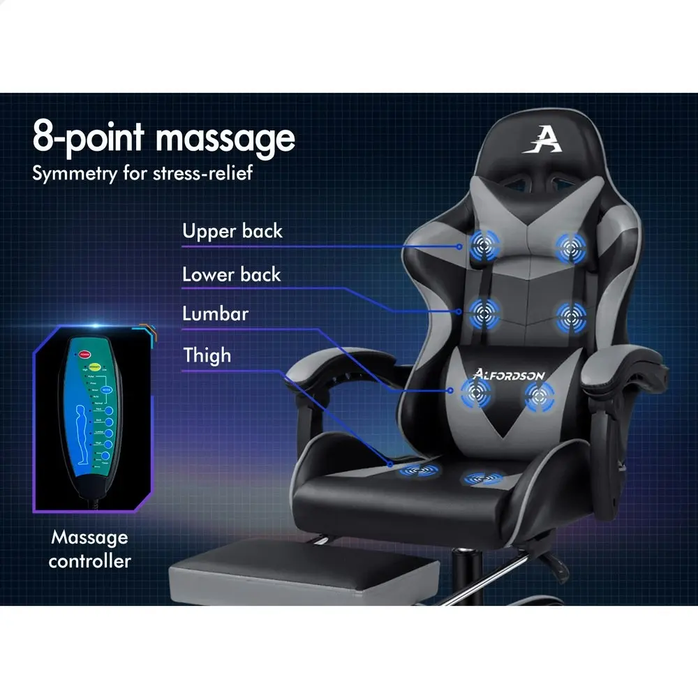 Alfordson Gaming Chair Office Massage Computer Racing Seat PU Leather Grey