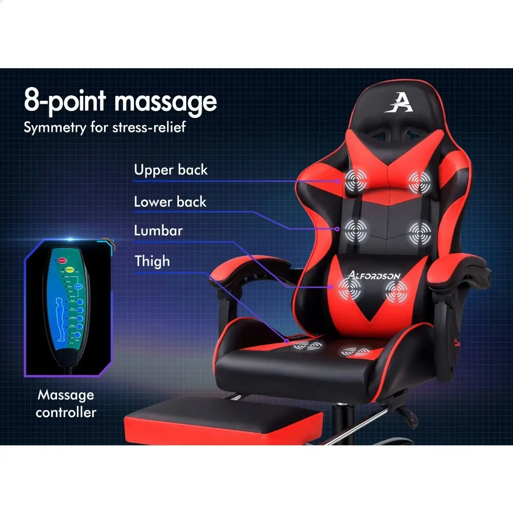 Alfordson Gaming Chair Office Massage Computer Racing Seat PU Leather Red