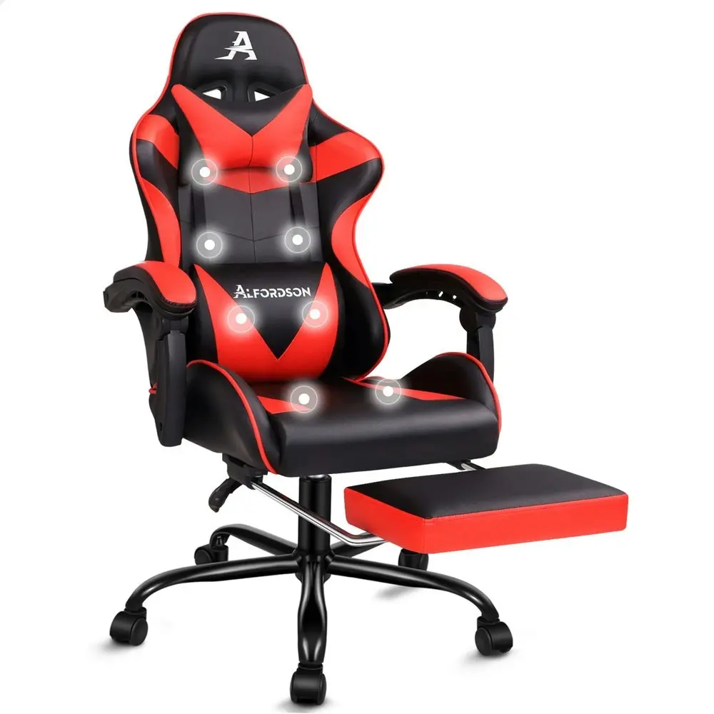 Alfordson Gaming Chair Office Massage Computer Racing Seat PU Leather Red