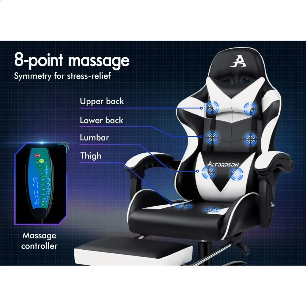 Alfordson Gaming Chair Office Massage Computer Racing Seat PU Leather White