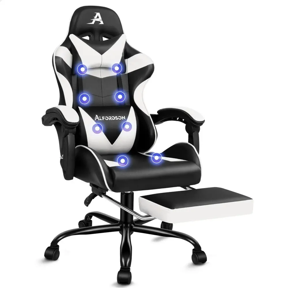 Alfordson Gaming Chair Office Massage Computer Racing Seat PU Leather White