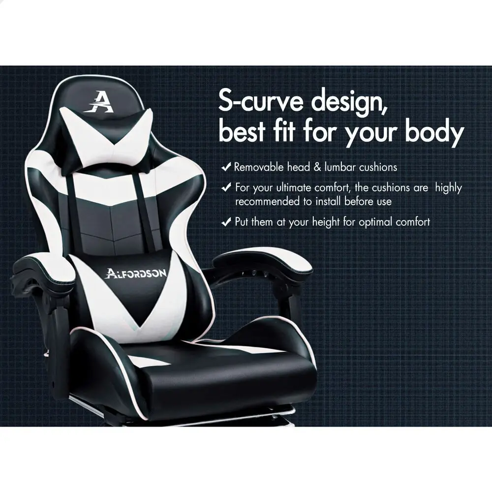 Alfordson Gaming Chair Office Massage Computer Racing Seat PU Leather White