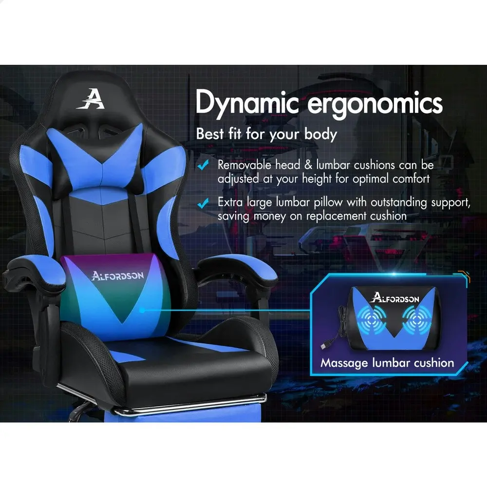 Alfordson Gaming Chair Office Massage 12 RGB LED Computer Seat PU Leather Blue