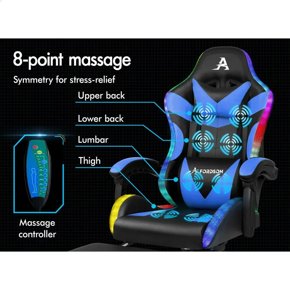 Alfordson Gaming Chair Office Massage 12 RGB LED Computer Seat PU Leather Blue