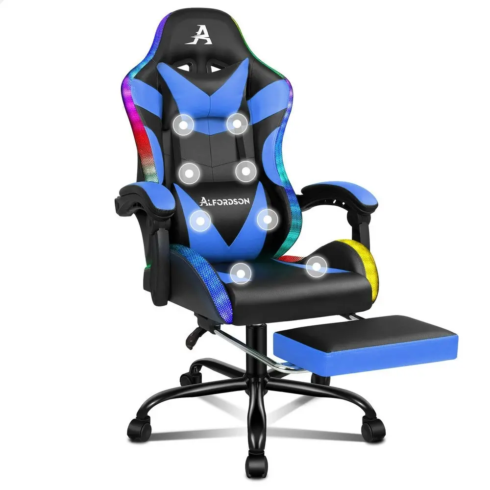 Alfordson Gaming Chair Office Massage 12 RGB LED Computer Seat PU Leather Blue