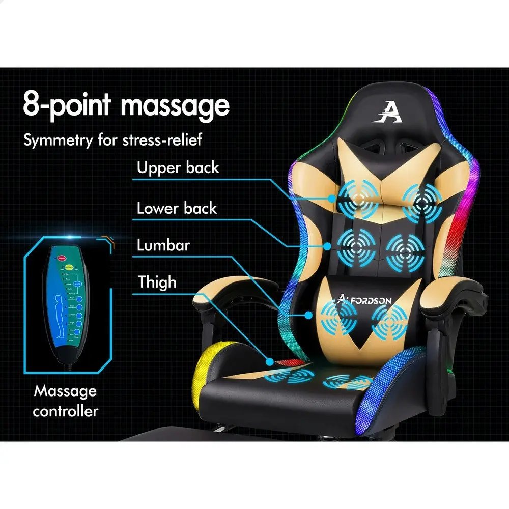 Alfordson Gaming Chair Office Massage 12 RGB LED Computer Seat PU Leather Gold