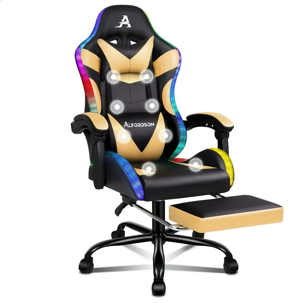 Alfordson Gaming Chair Office Massage 12 RGB LED Computer Seat PU Leather Gold